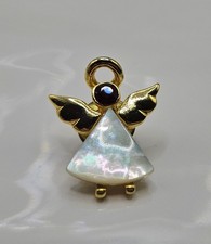Vintage Angel Pin Red Rhinestone Mother of Pearl Gold Tone 1"
