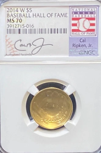 2014 W $5 GOLD BASEBALL HALL OF FAME COMMEMORATIVE COIN NGC MS70 CAL RIPKEN JR.