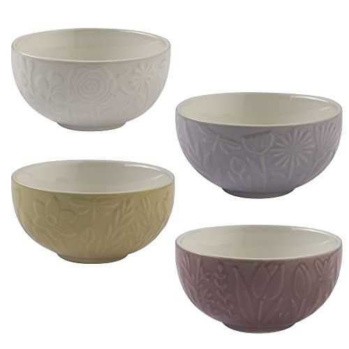 Set Of 4 Ceramic Bowls Embossed Floral Foliage Serving Salad Fruit Rice Ramen - Picture 5 of 9