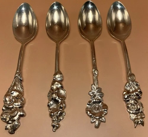 Reed & Barton Harlequin Floral Demitasse Spoon Set 4 Silver Plate