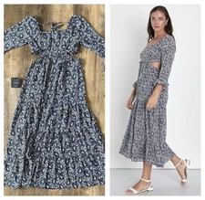 New $69 Lulus S Blissful Sweetie Navy Blue Paisley Tiered Cutout Midi Dress NWT