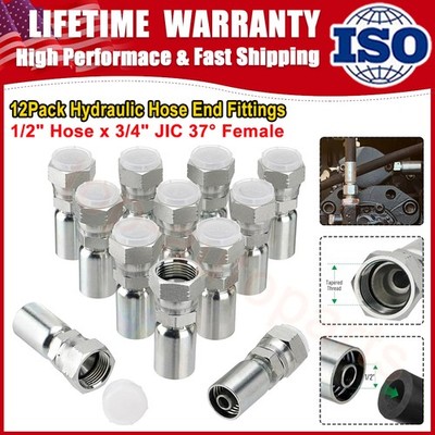 12 Pack 1/2'' Hose x 3/4 JIC 37° Female Hydraulic Hose End Swivel Crimp Fittings