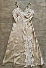 Victoria  s Secret Silk Lace Embroidered Maxi One Leg Slit Night Gown Dress Tan S