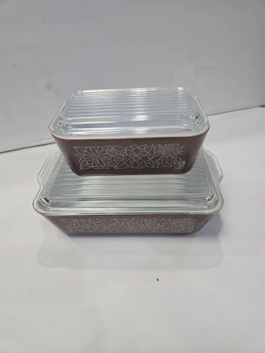 Vintage PYREX Refridgerator Woodland Set With Lid And Brown Refrigerator Dish