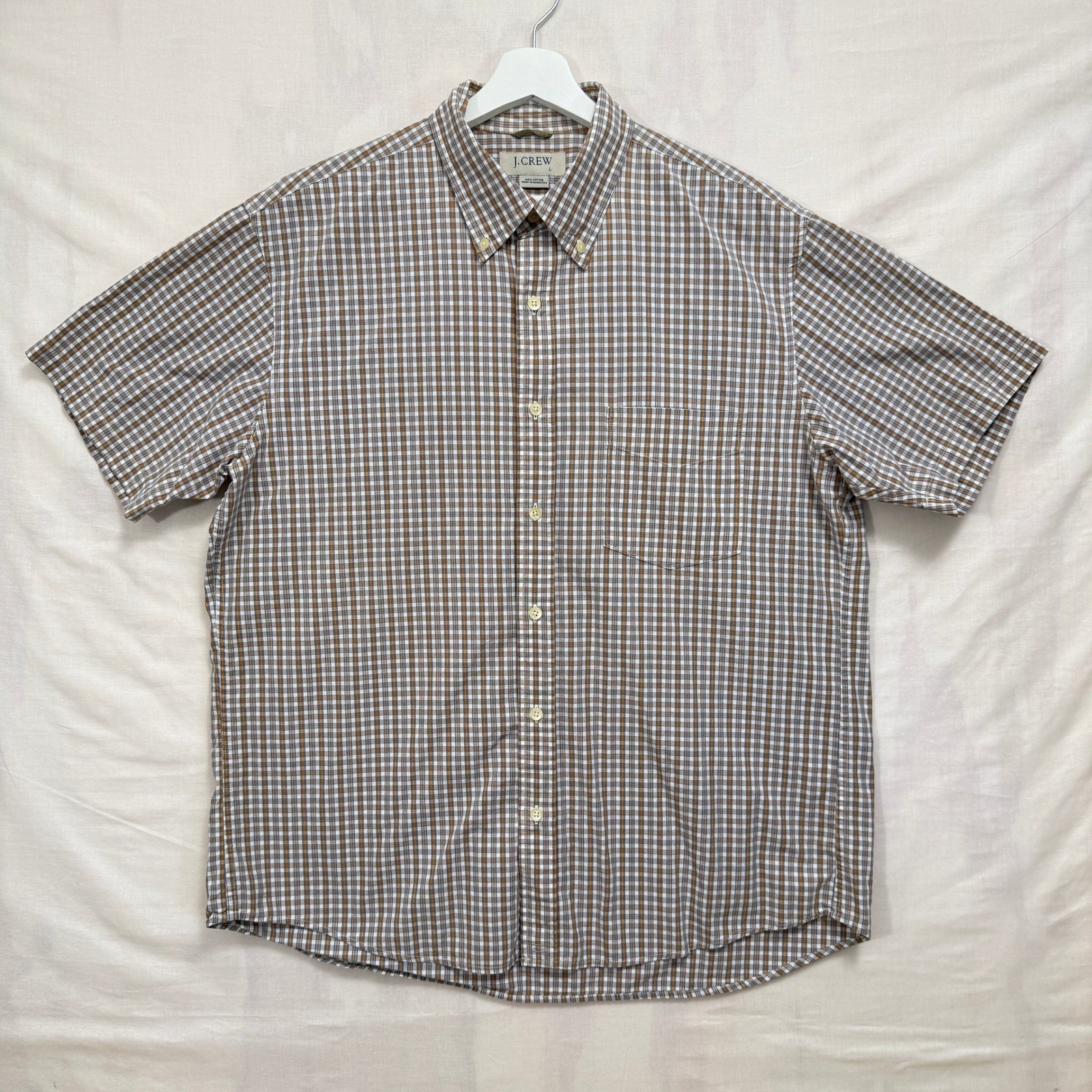 J.Crew Button Down Shirt Mens L Brown Blue Plaid Gingham Short Sleeve Cotton L