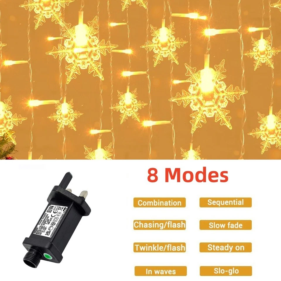 Christmas LED Curtain Snowflake Lights Window String Fairy Waterproof Decor Xmas - Image 4 of 4