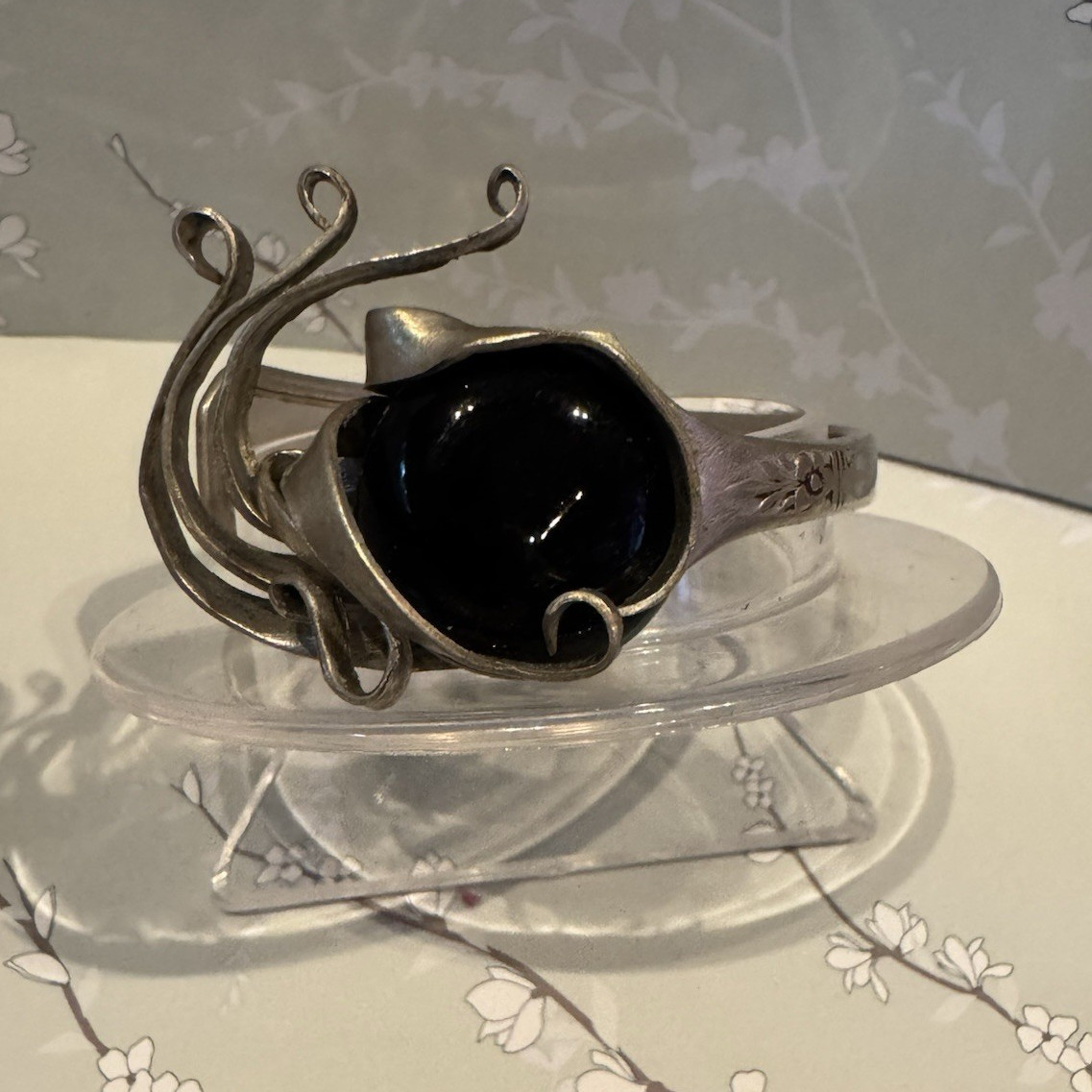 Silver-Tone Open Cuff Fork Bracelet w/ Round Black Cabochon Bezel, 7in