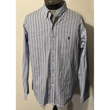 Ralph Lauren Shirt Mens Large Blue Stripe Custom Fit Button Down Long Sleeve