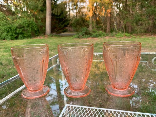 Juego de 3 vasos rosas en flor de cerezo 4,5" 8 oz patas festoneadas AOP ORIGINAL 1930s - Imagen 12 de 24