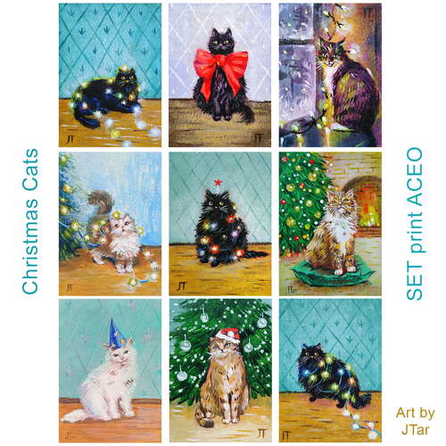 SET 9 ACEO Print portrait Holiday cats black Salem bow tie Painting - Picture 8 of 10