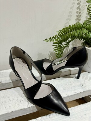 Next Forever Comfort Black Leather Pointed Cross Over Strap Court