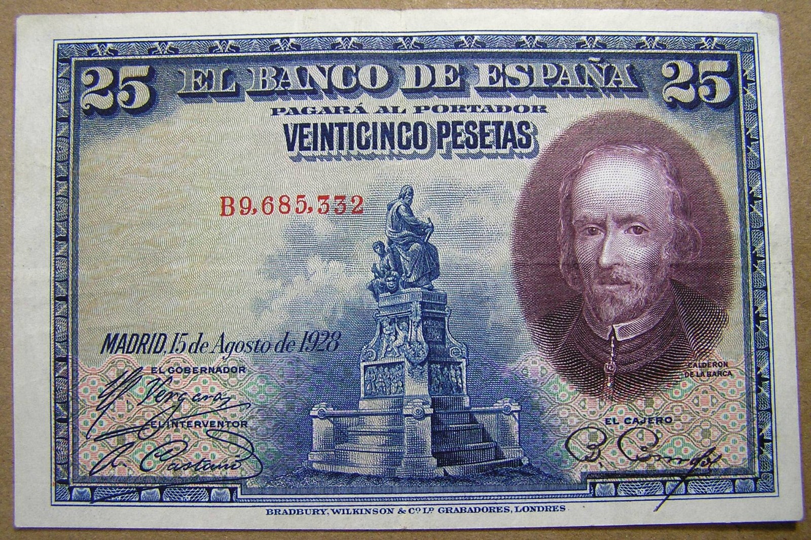 Spain 1928 25 Pesetas P-74b Series B, VF+ to XF, ONE NOTE ONLY, Combined S/H