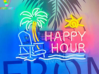 Happy Hour Palm Tree Beach Acrylic 17"x14" Neon Light Sign Lamp Bar Open Decor