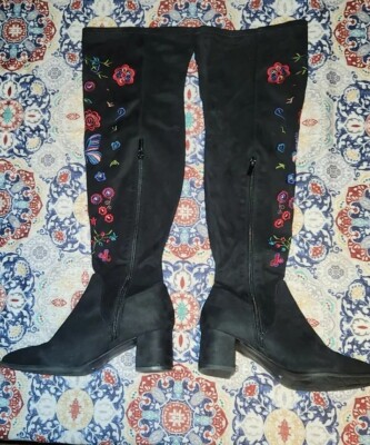 IMPO Elaine Faux Vegan Suede Over The Knee Embroidered Detail Stretch Boots 