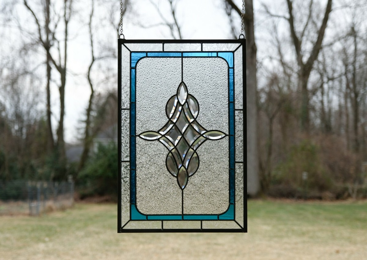Handcrafted Stained Glass Window Panel – Clear Beveled Design, 16x24 Inches With Copper Frame