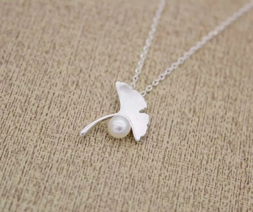 B18 Set Gioielli Bracciale Catena Anello Foglia di Ginkgo Perla Argento Sterling - Immagine 2 di 4