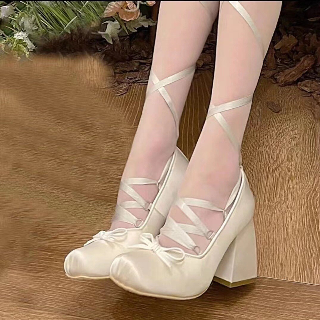 Mary Jane Ballet Shoe Strapping High Heels Block Heels Satin Pumps Lolita  Shoes
