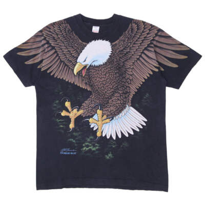 Rare Vintage LIQUID BLUE Bald Eagle All Over Print 1994 Art T Shirt 90s Black XL