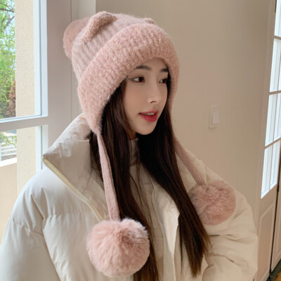 Lady Bobble Hat Knitted Beanie Pom Pom Cap Ear Flap Warm Fleece Lined Hat  Winter