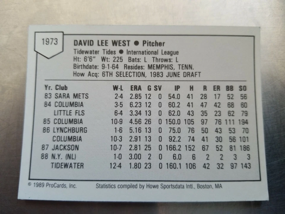 1989 PROCARDS BASEBALL CARD DAVE WEST #1973 - Image 2 of 2