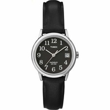Timex T2N525, Women's Black Leather Easy Reader Watch, Indiglo, Date, 25MM Case