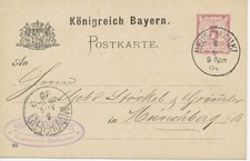 BAYERN "NEUENMARKT" (Ofr.) K1 auf 5 Pf GA-Postkarte 1889 nach "MÜNCHBERG"