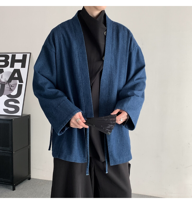 Men Yamamoto Yohji Japanese Retro Denim Kimono Jacket V-neck
