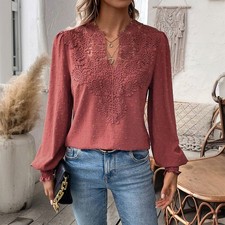 Women V Neck Lace Floral Shirts Tops Ladies Casual Puff Long Sleeve OL Blouse