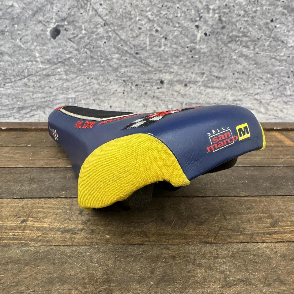 Vintage Selle San Marco Race Day Seat No Slip Saddle Blue Yellow Bontrager Italy - Image 3 of 4