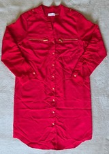 Calvin Klein Shirt Dress Red Womens Size 8 Tunic Tab Sleeve V Neck Button Front