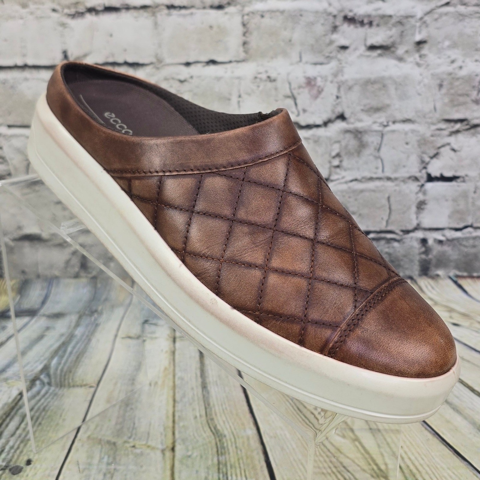 Zapato informal ECCO Soft 9 acolchado mula para mujer 9-9,5 cuero marrón plataforma sin cordones