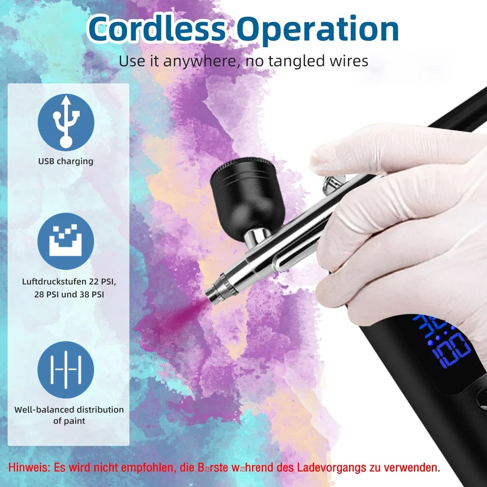 Tragbar Airbrush Set Spritzpistole mit Kompressor Kabellose Mini Air Brush Akku - Bild 4 von 4