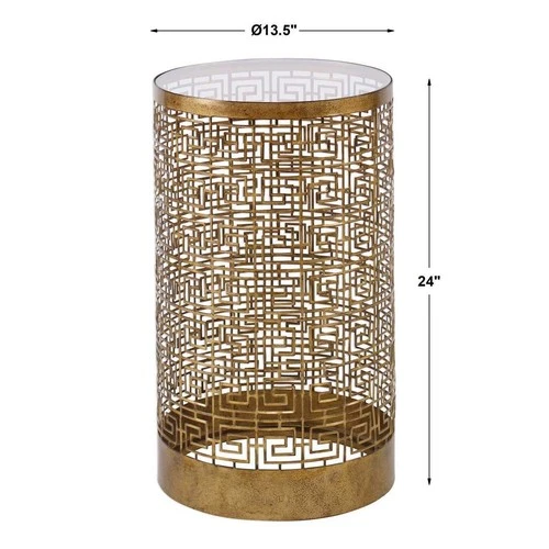 ALGERNON 24" GREEK KEY AGED GOLD IRON ACCENT END TABLE GLASS TOP 25046 - Picture 5 of 5