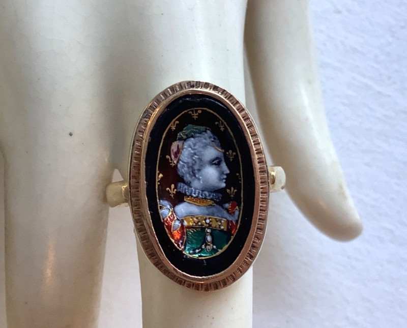 Antique 13/14K  Gold Handpainted Enamel Portrait Ring Size 5.5