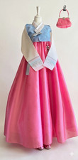 Premium Silk Traditional Korean Hanbok Dress Light Blue Pink/Hand bag / Junior