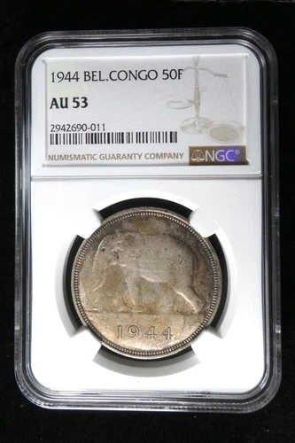 Belgium Congo 1944 Silver 50 Francs. Elephant Coin. NGC Certified AU 53. #5074