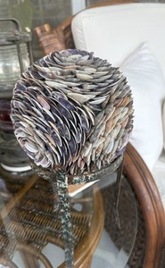 Vintage Huge Seashell Sphere Garden Home Decor 8" With Distressed Stand