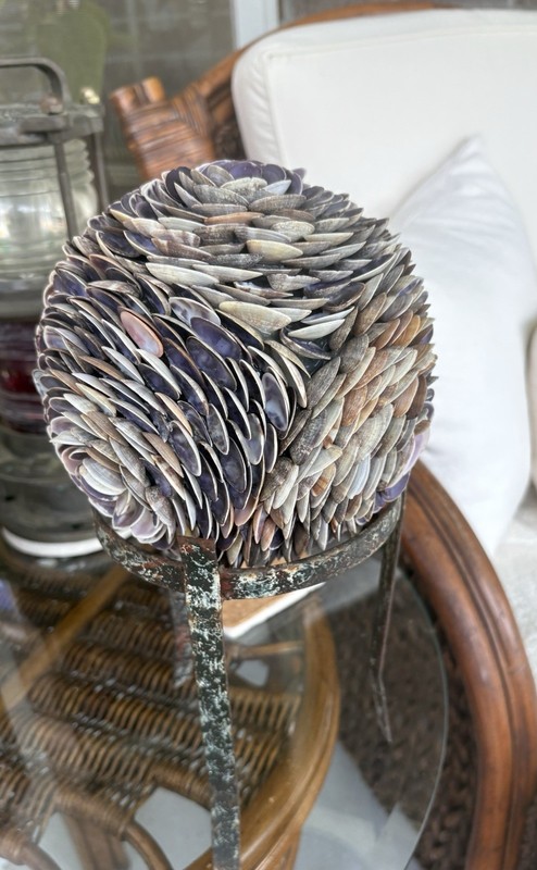 Vintage Huge Seashell Sphere Garden Home Decor 8" With Distressed Stand
