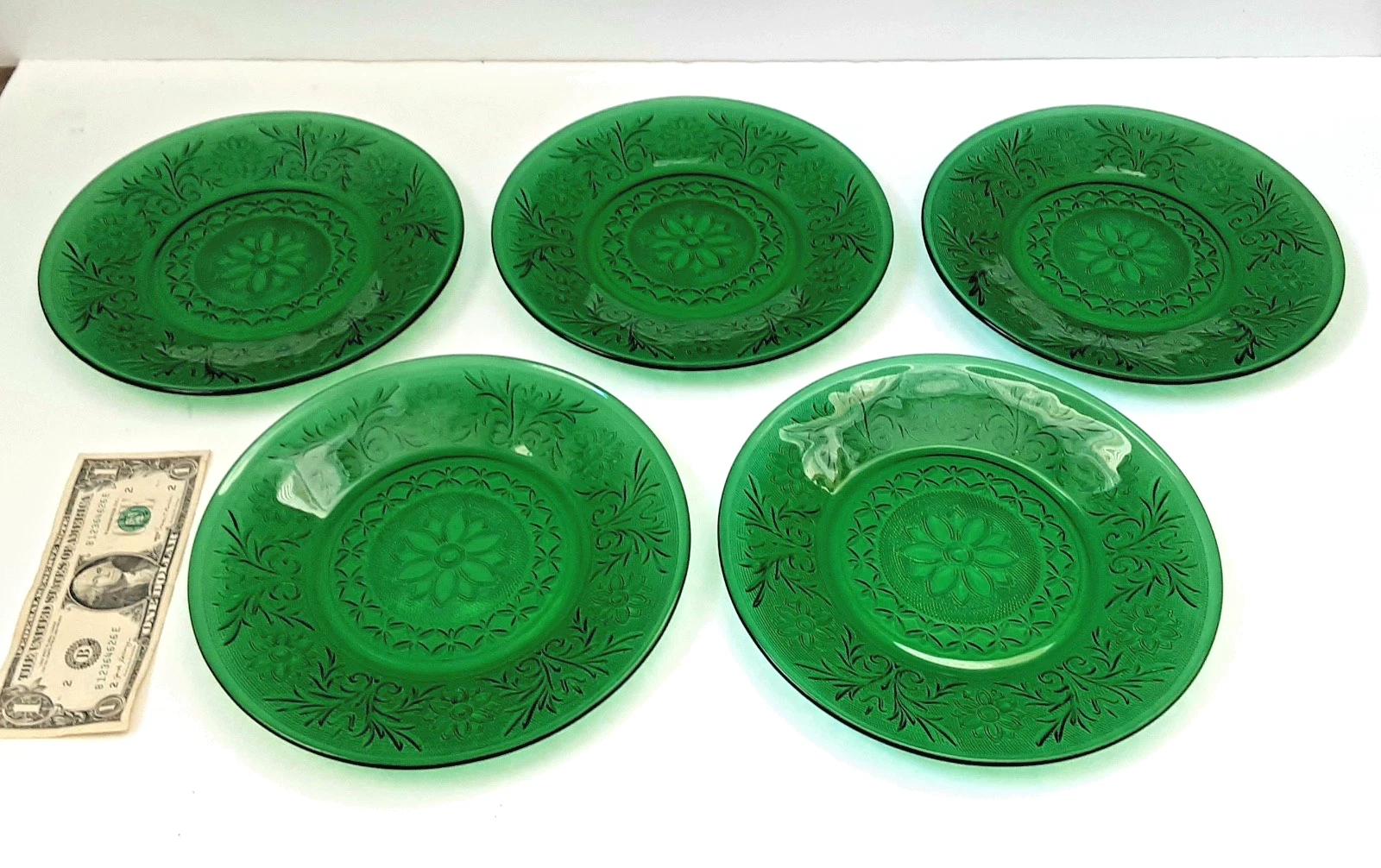 SET 5 Vintage ANCHOR HOCKING "SANDWICH" Forest Green Glass 9" Dinner Plates