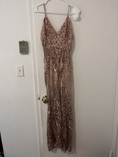Rose Gold Sequin Sparkle Mermaid Dress Sheer Lined Front Slit Romantic Plunge S