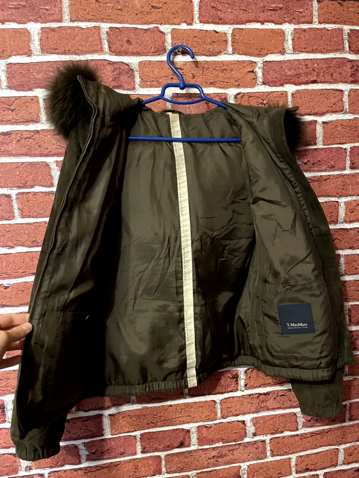 Max Mara Khaki Suede Silk Lined Lampo Down Zip Jacket Coat With Fur Hood Size 8 - Image 4 of 4