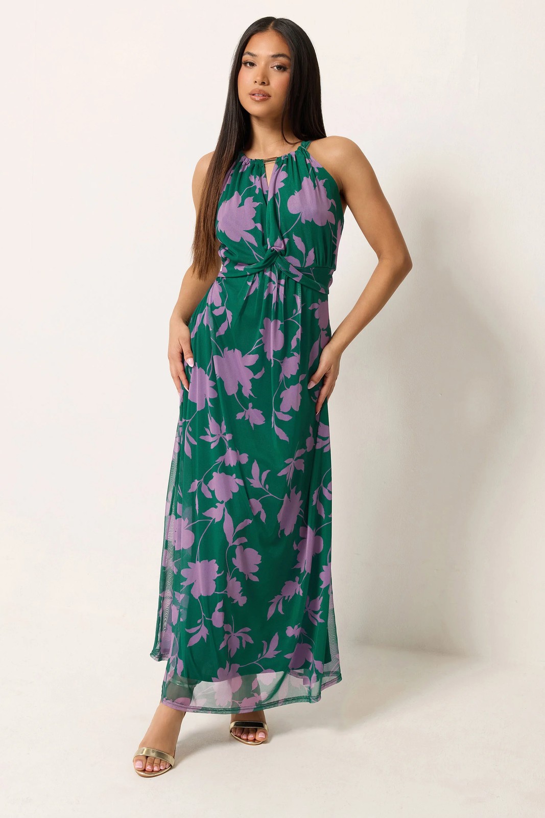M&Co Petite Women's Mesh Knot Front Halter Neck Maxi Dress
