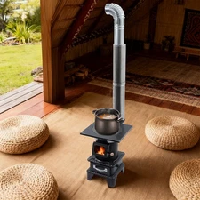 Outdoor Wood Burning Stove Camping Hunting Cast Iron Steel Fire-Box Heat w/ Net
