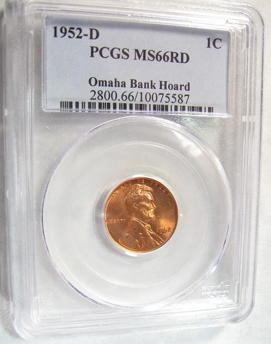 1952 D  LINCOLN WHEAT CENT - PCGS MS 66 RD - Red  -  Omaha Bank Hoard