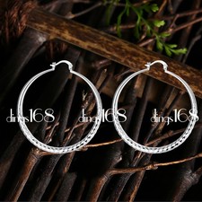 Solid 925 Sterling Silver Diamond-Cut 2" Large Light-Weight Round Hoop Earrings