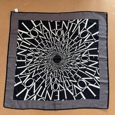 Valentino Silk Scarf Womens Square Black Satin Logo Geometric Made Italy.