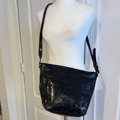 Vintage Furla black crocodile embossed crossbody hobo bag