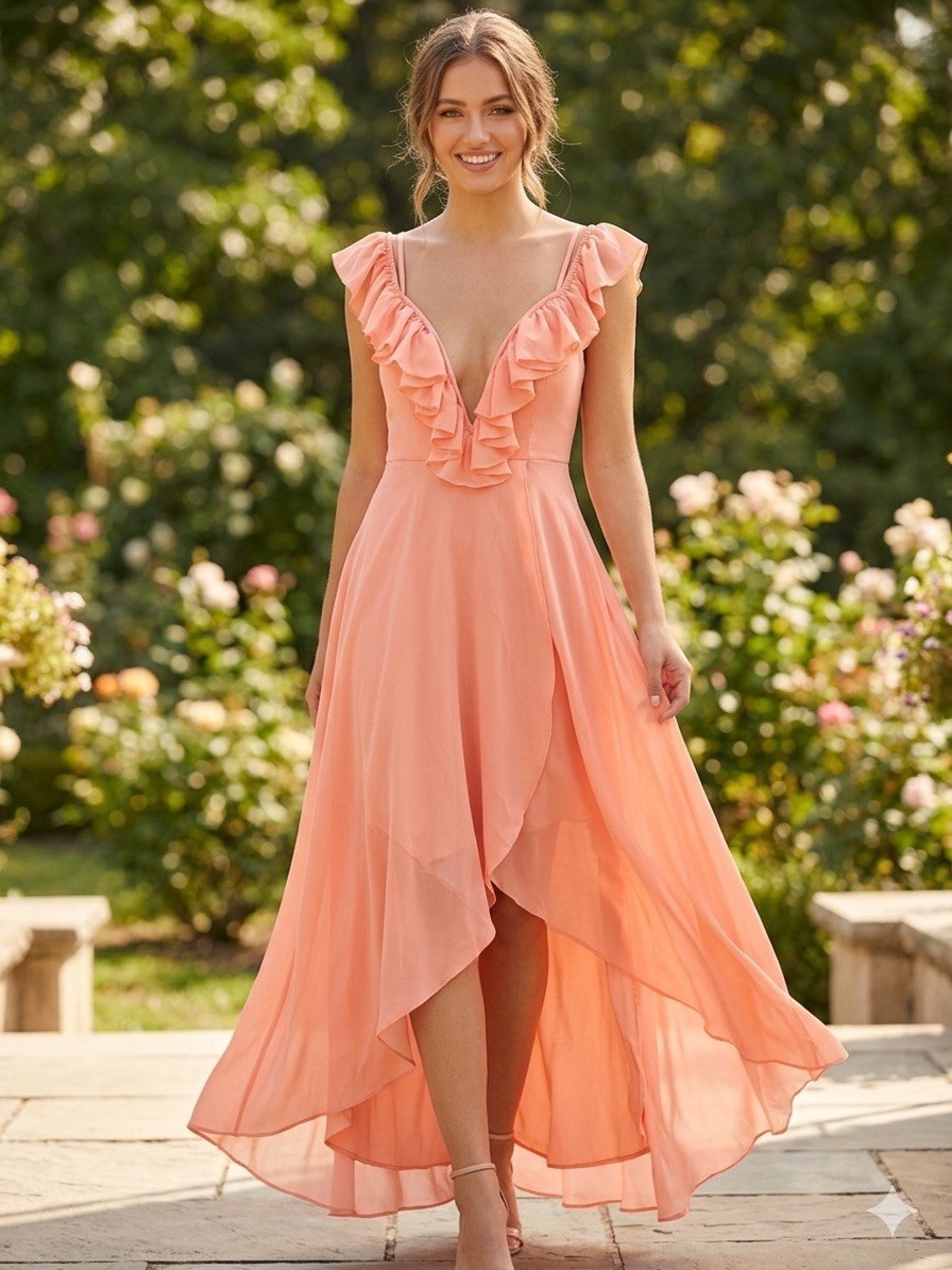 green emerald velvet dress V-Neck High-Low Wedding Guest Dress with Short Sleeves