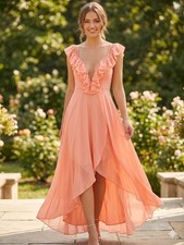 LUXXEL Peach Ruffle Maxi Dress Hi Low Chiffon Sleeveless Flowy Size M Medium