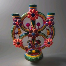 Vtg Mexican Tree Of Life Pottery Candle holder Candelabra Colorful Handmade